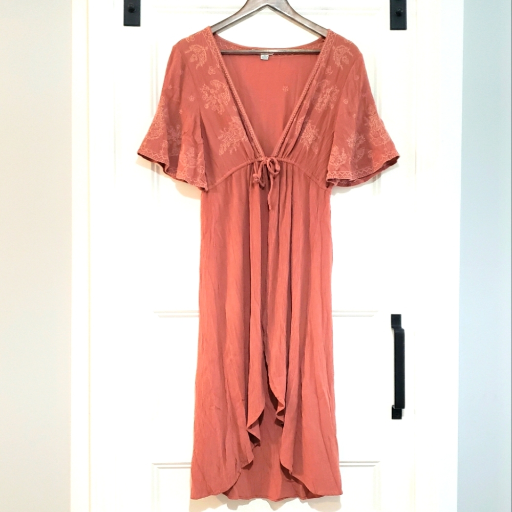 American Eagle Swim Cover Womens S Copper Tie Front  Embroidered Long Plunge V
